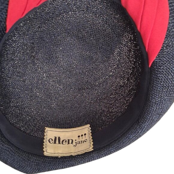 Mid-Century "Ellen Jane" Navy Blue Straw Derby Style Hat w/Red Ribbon Trim - Picture 10 of 11